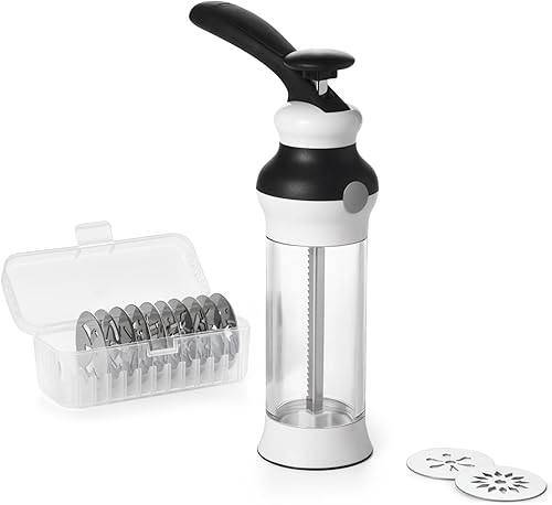 OXO Good Grips Juego de Prensa para Galletas de 14 Piezas, Prensa para Galletas con 12 Discos de Acero Inoxidable y Estuche de Almacenamiento,