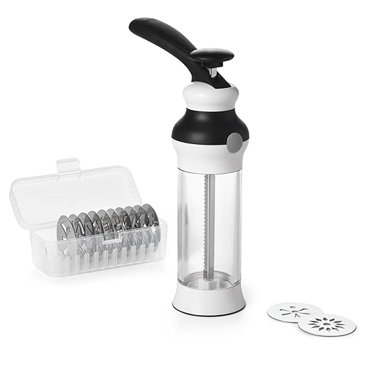 OXO Good Grips 14-Piece Cookie Press Set, Cookie Press with 12 Stainless Steel Disks and Storage Case, Holiday Baking and Everyday Treats, Essential Baking Supplies