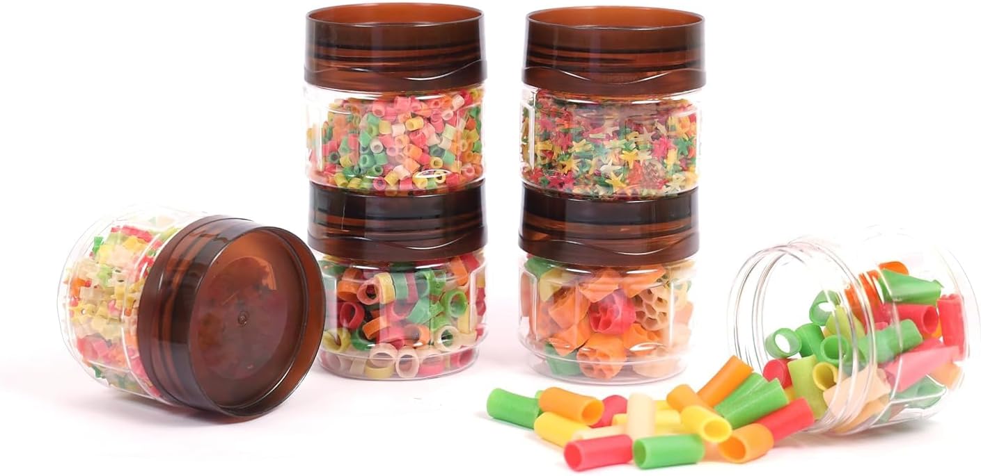 Plastic Storage Containers with Lids | Round Snack Jars for Candy and Nuts | Brown | Set of 6 with Handle | 200ml Capacity