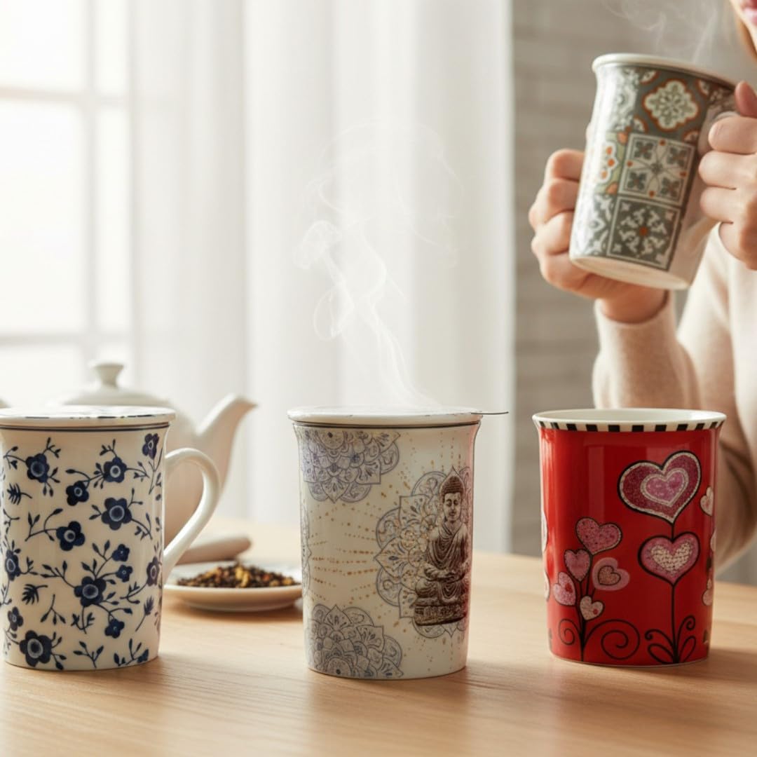 Genérico Pack x4 Taza Mug con Filtro y Tapa para Té o Café, 280 ml, Cerámica Decorativa con Infusor Integrado, 11.5 x 8.5 x 10.5 cm