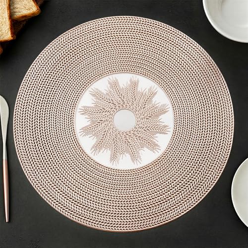 Image of Yellow Weaves 2 Pcs PVC Hollow Woven Design Table Placemat, Dining Table Mat, Anti-Skid, Washable, Dining, Kitchen, Restaurant Table Set Easy to Clean, Durable (Hollow Rose Gold)
