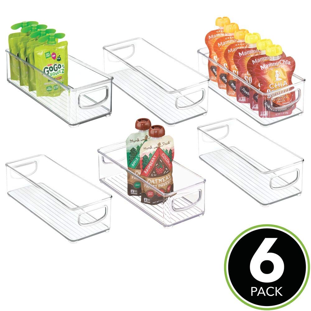mDesign Stapelbare Kunststoff-Küchenschrank, Kühlschrank oder Gefrierschrank, Lebensmittelaufbewahrungsbehälter mit Griffen, Organizer für Obst, Joghurt, Quetschbeutel, 6 Stück, transparent