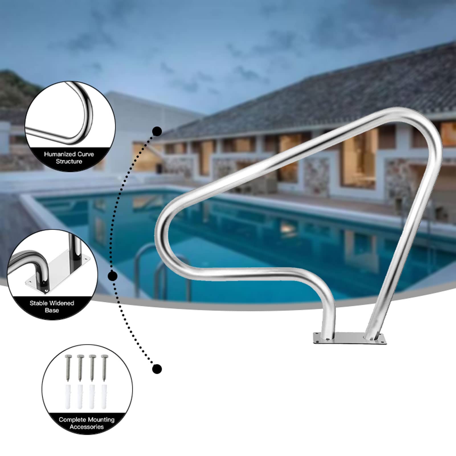 Pasamanos de Seguridad para Piscina Pasamanos para Piscina enterrada, 99x8 1 cm/39 x 31,9 Escalera de Piscina Riel de Entrada para Piscina con Placa de Soporte de Montaje rápido
