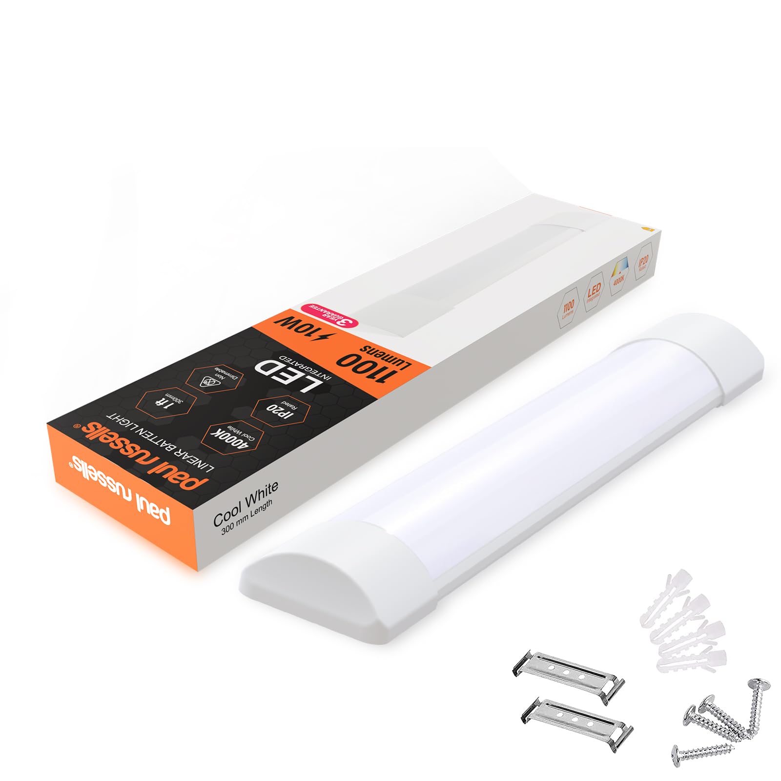 paul russells 1ft LED Batten Light, Ceiling Fitting Tube Light, 4000K Cool White, 10W, 1100 Lumens, Light for Office, Bathroom, Kitchen, Garage, Warehouse Fluorescent Lighting Replacement, 1 Pack