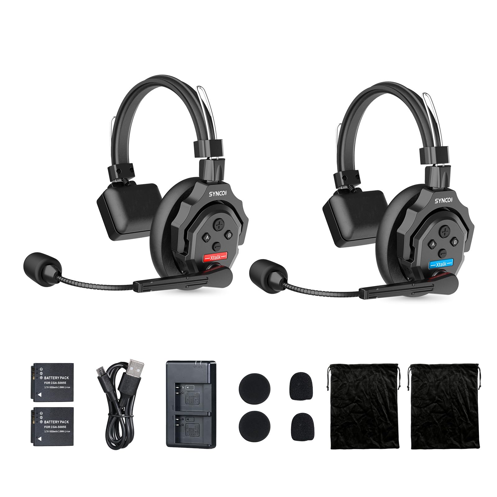 SYNCO Xtalk X2 Casque Intercom Full Duplex Système, 2.4G Casque Communication sans Fil Intercom Système pour Equipe d'Annulation du Bruit avec 2 Ecouteurs