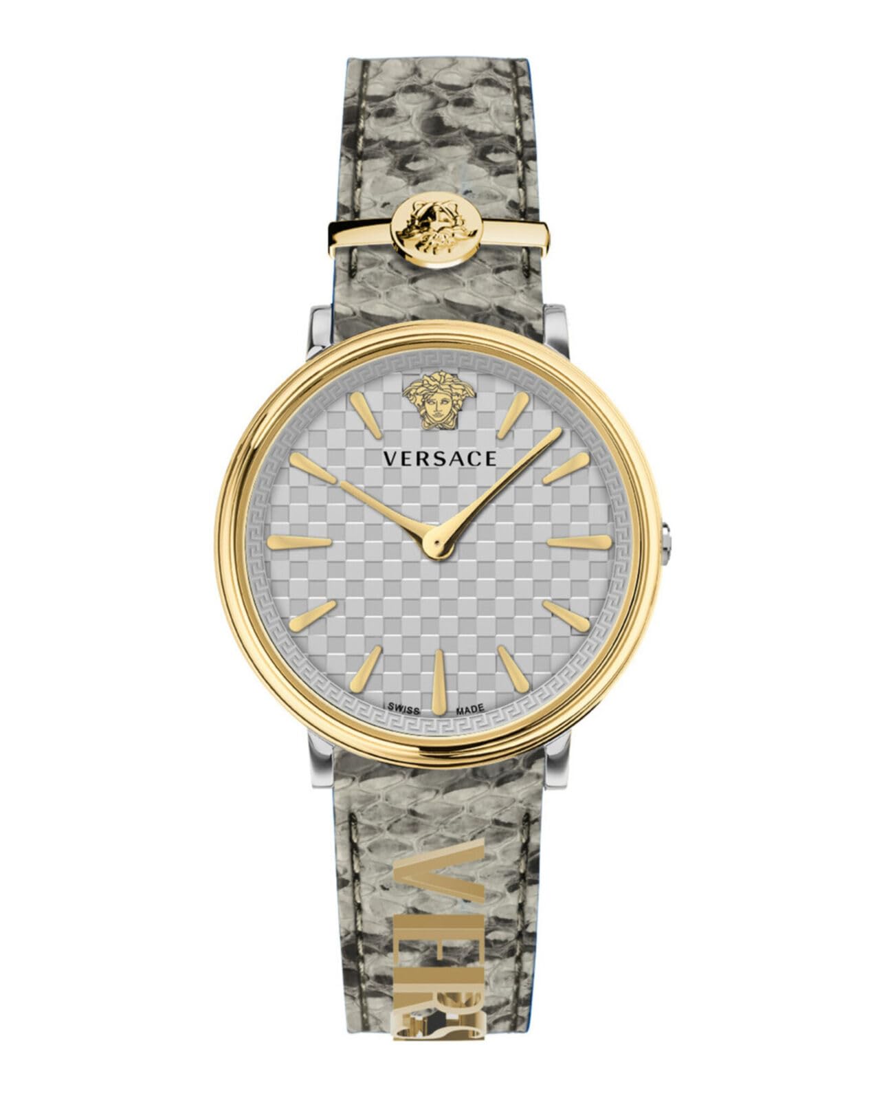 Versace Reloj de Pulsera para Mujer de Cuarzo a la Moda, Correa de Cuero Gris, Caja de Acero Inoxidable, Pantalla analógica Gris - VE8104422
