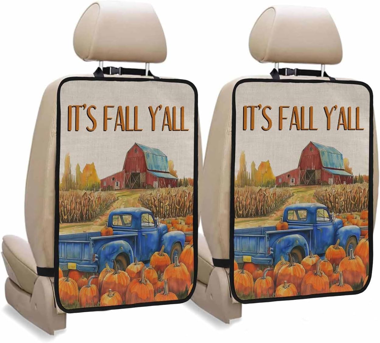 Car Seat Protector, 2 Pack Kick Mats Back Seat Protector IT'S FALL Y'ALL Retro Truck Pumpkin Harvest Farmhouse Waterproof Backseat Cover for Kids Universal Fit Automotive Interior Protectors