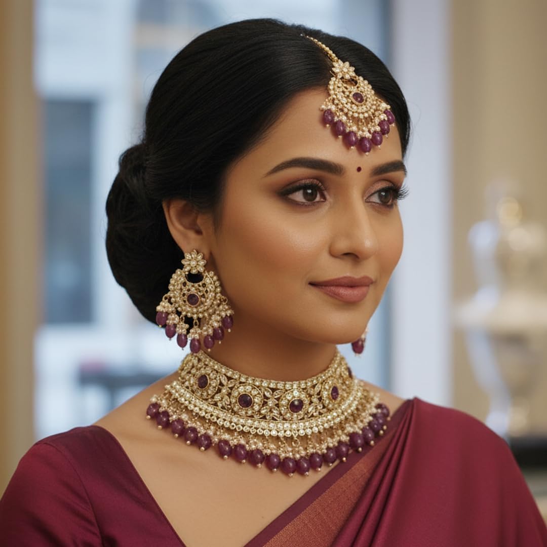 I Jewels Gold Plated Indian Wedding Bollywood Kundan Pearl Hanging Choker Necklace Jewellery Set With Earrings & Maang Tikka For Women - Image 2