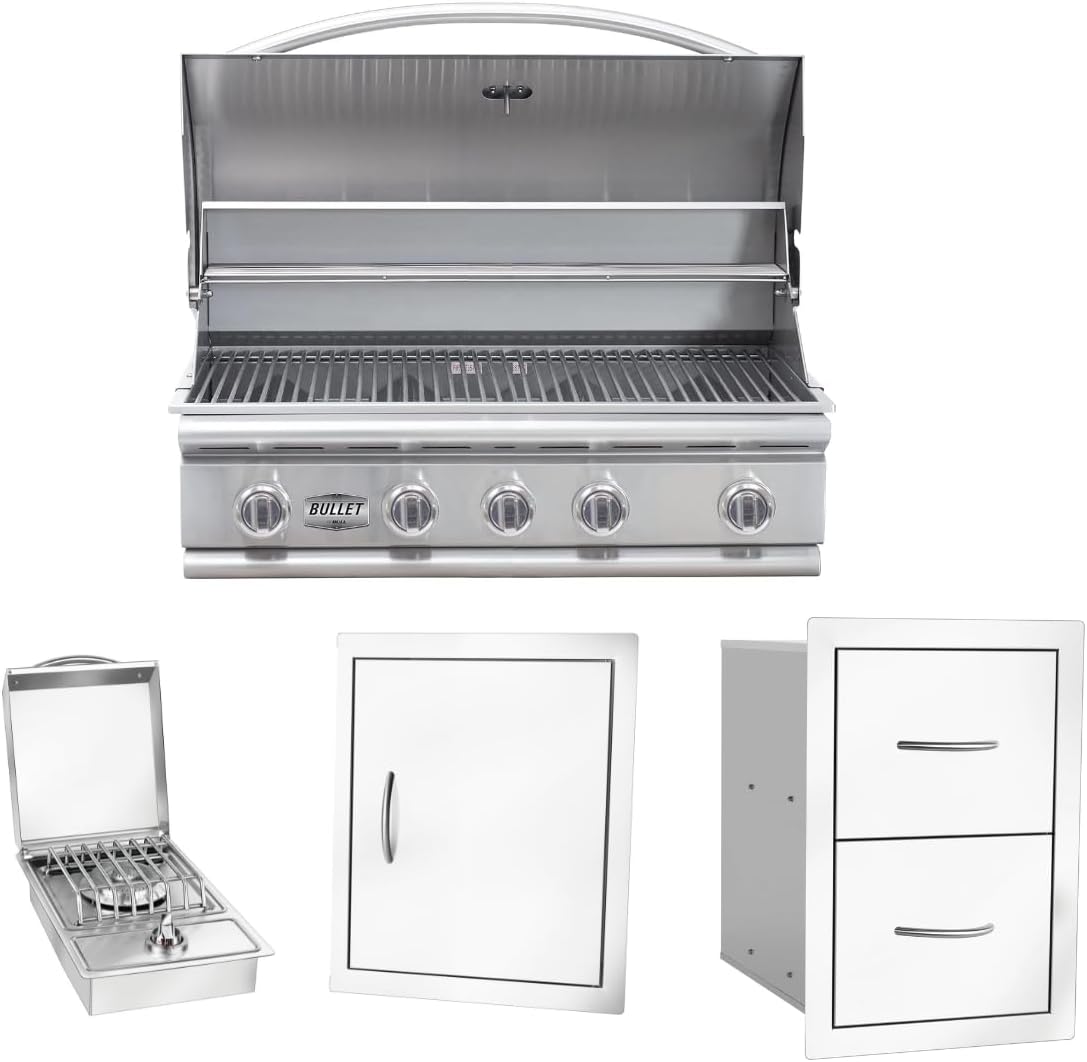 Bullet by Bull Stainless Steel Outdoor Kitchen Grill Set - Built-In Natural Gas Grill -BBQ Kitchen Island Bundle - Includes 5 Burner Grill, Side Burner, Single Access Door & Double Storage Drawer
