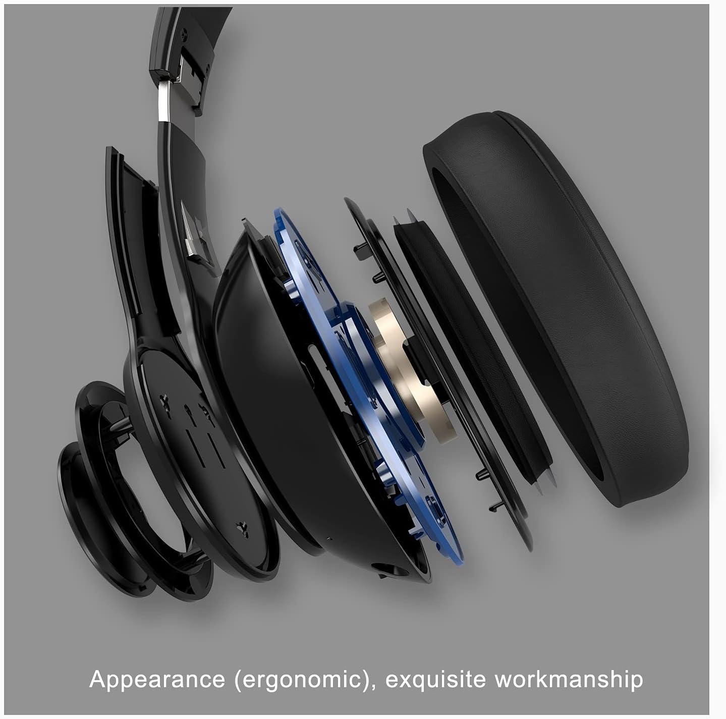 Exploded view of the headset earcup showing internal components and comfortable ear cushions