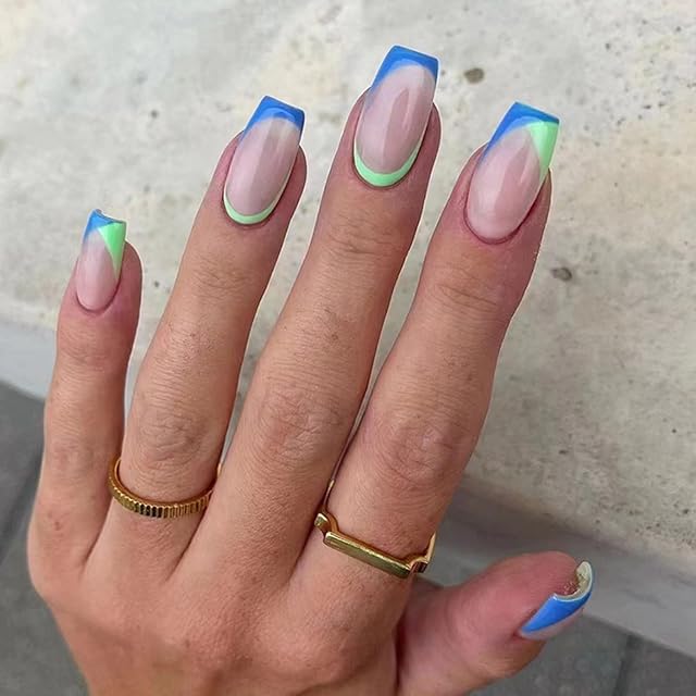 JUSTOTRY 24 Pcs Square Fake Nails Medium, Blue and Green French Press on Nails Patterns, Ballerina Stick on Nails for Women, Acrylic False Nails Coffin with Glue for Nail Art