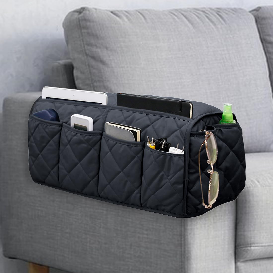 DECKALY Armchair Caddy, Waterproof Sofa Armrest Organizer Non Slip Remote Holder for Recline, Recliner Caddy with 14 Pockets Storage for TV Remote, Phone, Magazine (Black)
