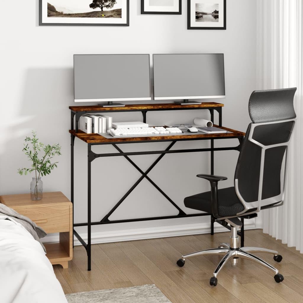 Escritorio de roble ahumado de 100 x 50 x 90 cm, madera y hierro, mesa de ordenador con estructura estable, amplia superficie de trabajo para oficina y oficina en casa