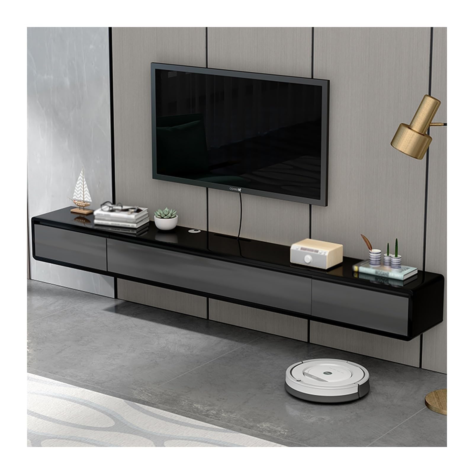Moderne schwebende TV-Konsole Wandhalterung mit 2 Schubladen, Grau und Schwarz, Medienschrank für kleine Wohnungen, 200 cm Regal für unter dem Fernseher