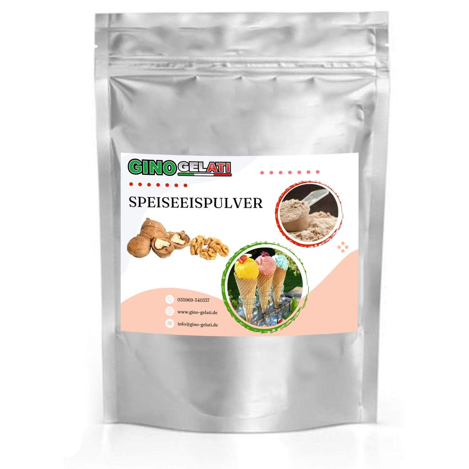 Gino Gelati Eis Speiseeis Pulver mit Nussgeschmack, Softeispulver mit und ohne Maschinen, Eiscreme selber herstellen, für Gastronomie und private Küche (1 Kg, Walnuss)