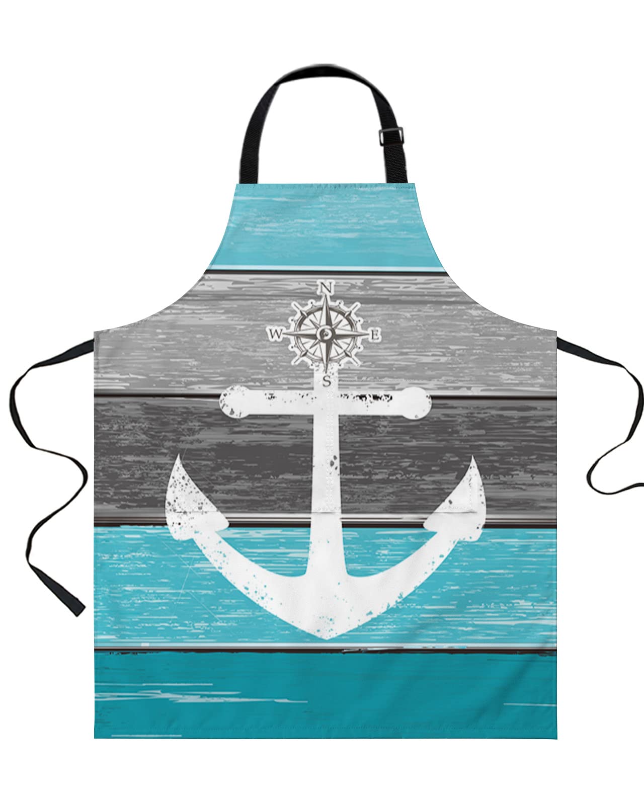 Aqua Grey Ombre Wood Aprons for Women Men with 2 Pockets, Beach Nautical Anchor Ocean Coastal Waterproof Kitchen Aprons Adjustable Chef Apron for Cooking 26.5"x35"