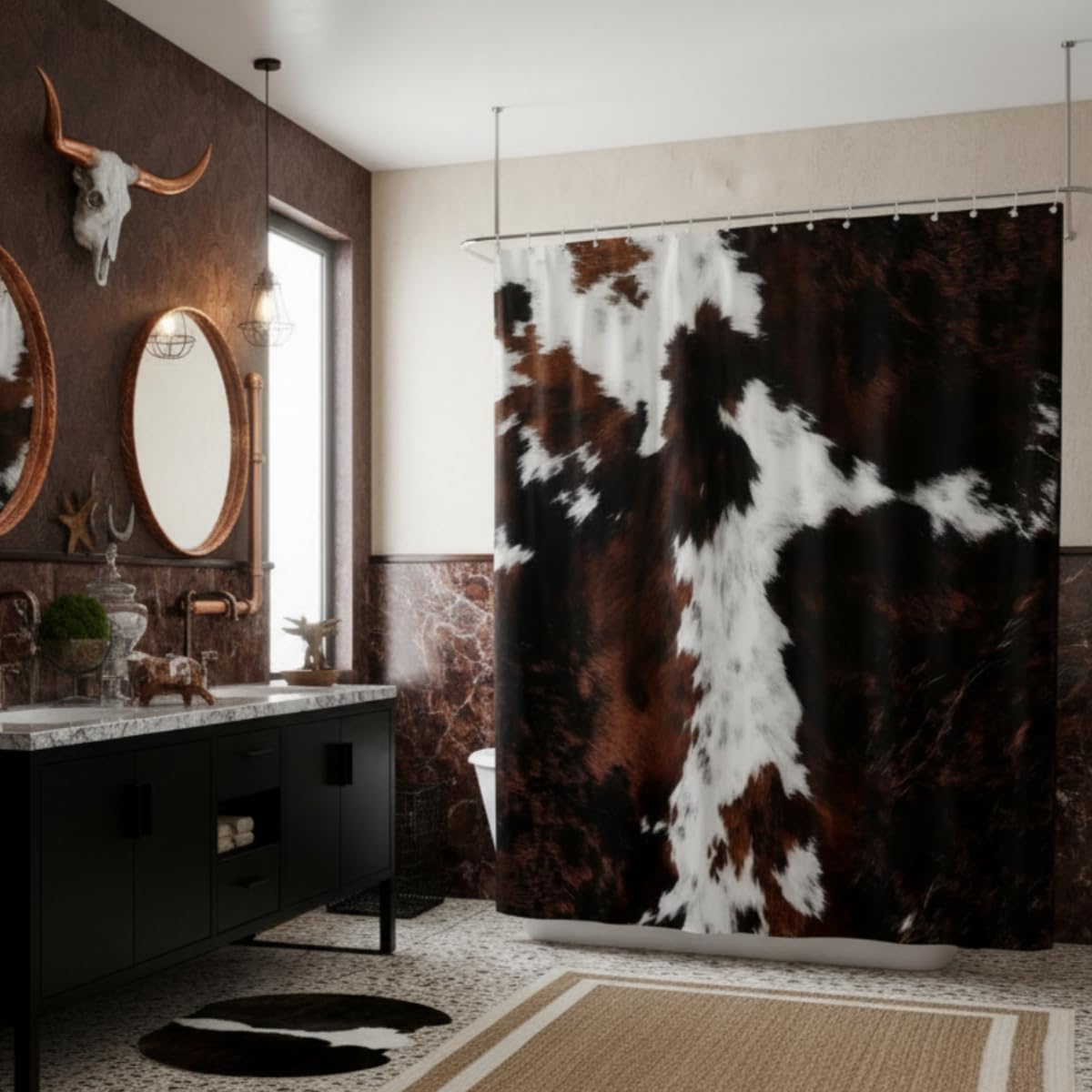 Farmhouse Cowhide Print Bath Curtain for Bathroom Decor,Abstract Maroon and White Cow Fur Pattern Waterproof Shower Curtains with 12 Holes,Animal