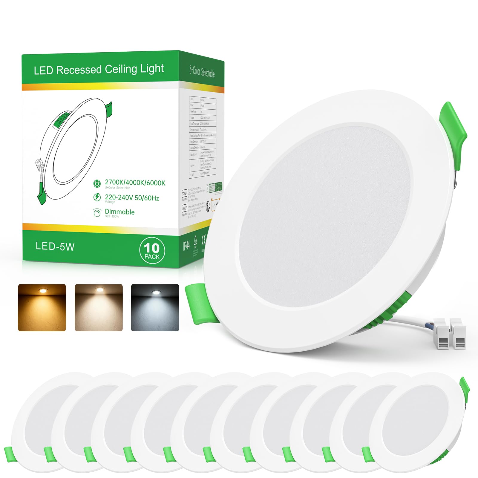 Foco empotrable LED 4W 230V Pack de 10 Foco LED Ultratraplado (24 mm), Diámetro de Empotración 68-75mm, IP44, 2700K/4000K / 6000K Regulable para Baño y Cocina