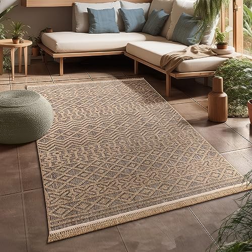 Paco Home Hochwertiger Outdoor Teppich Wetterfest & Pflegeleicht Jute-Sisal-Optik mit Fransen & Hoch-Tief-Effekt Langlebig für Terrasse, Balkon, Garten & Küche, Grösse:80x150 cm, Farbe:Beige