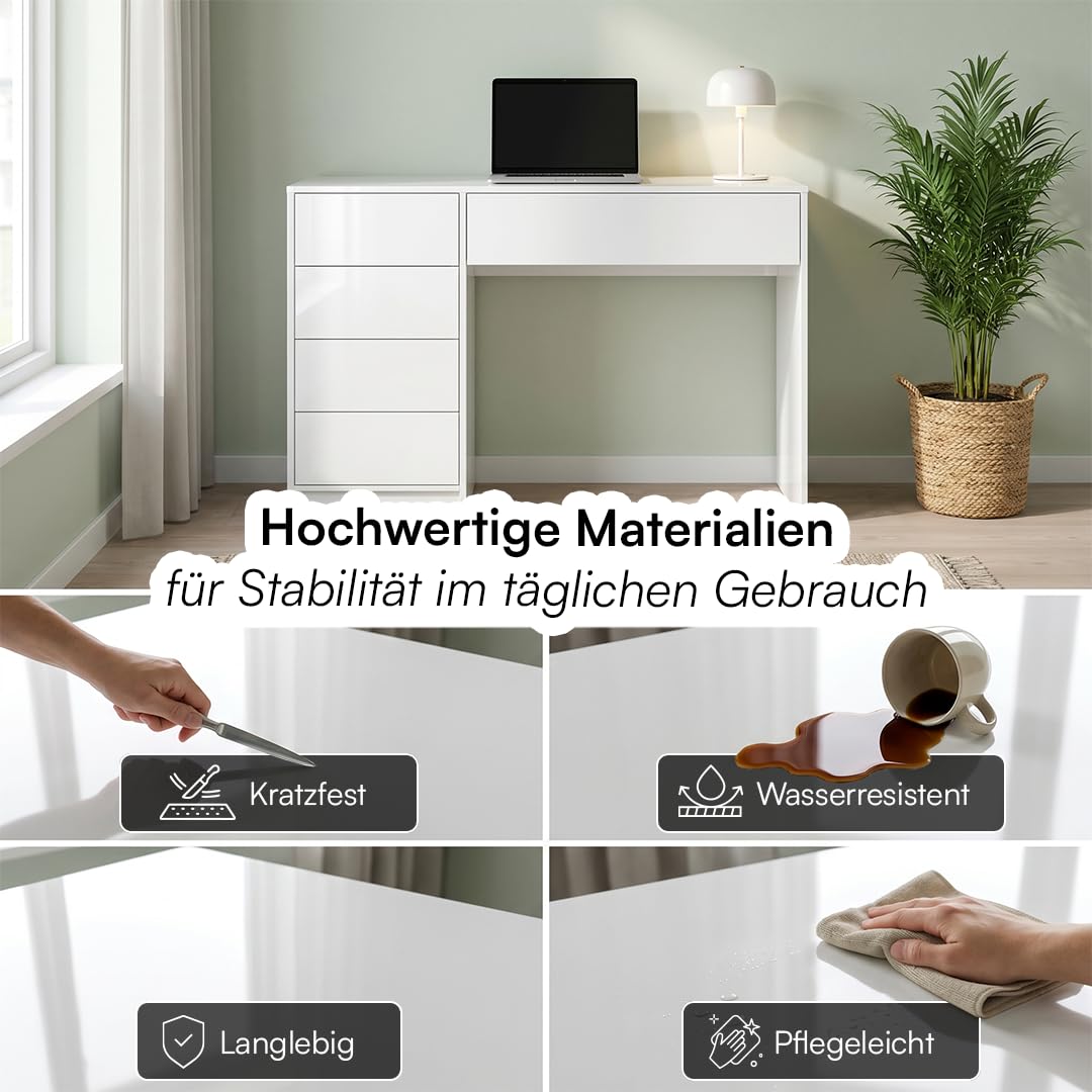Bellamio Livny Schreibtisch Hochglanz Weiß mit 5 Schubladen, Bürotisch | Schminktisch, Jugendschreibtisch, 80x53x110 cm, Schubladen beidseitig montierbar, Schreibtisch mit Stauraum, White Desk