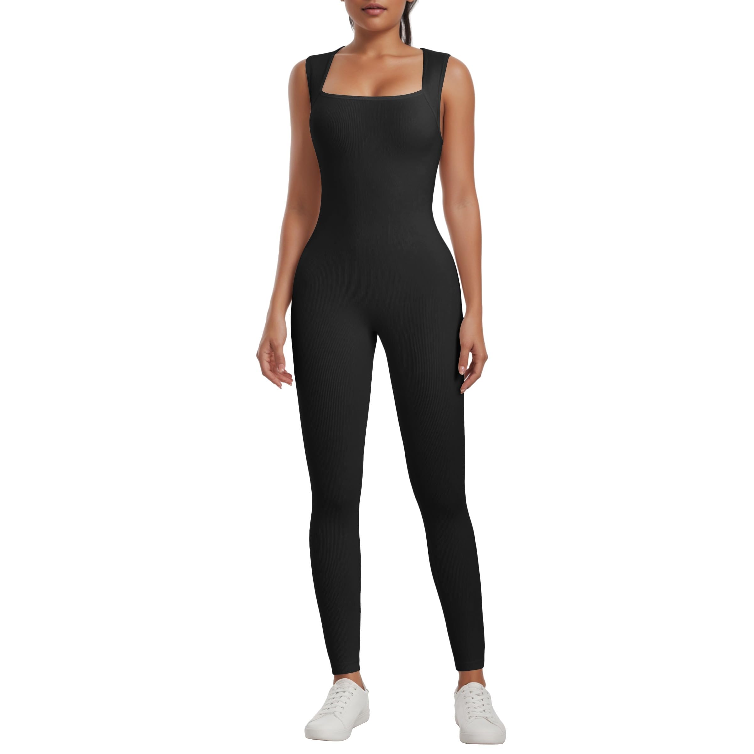 NIBESSER Mono Deportivo Mujer Largo sin Manga Jumpsuit Mujer Gym Ajustado Cuello Cuadrado Mono de Una Pieza Elástico Suave de Secado Rápido para Fitness Yoga Correr Ciclismo