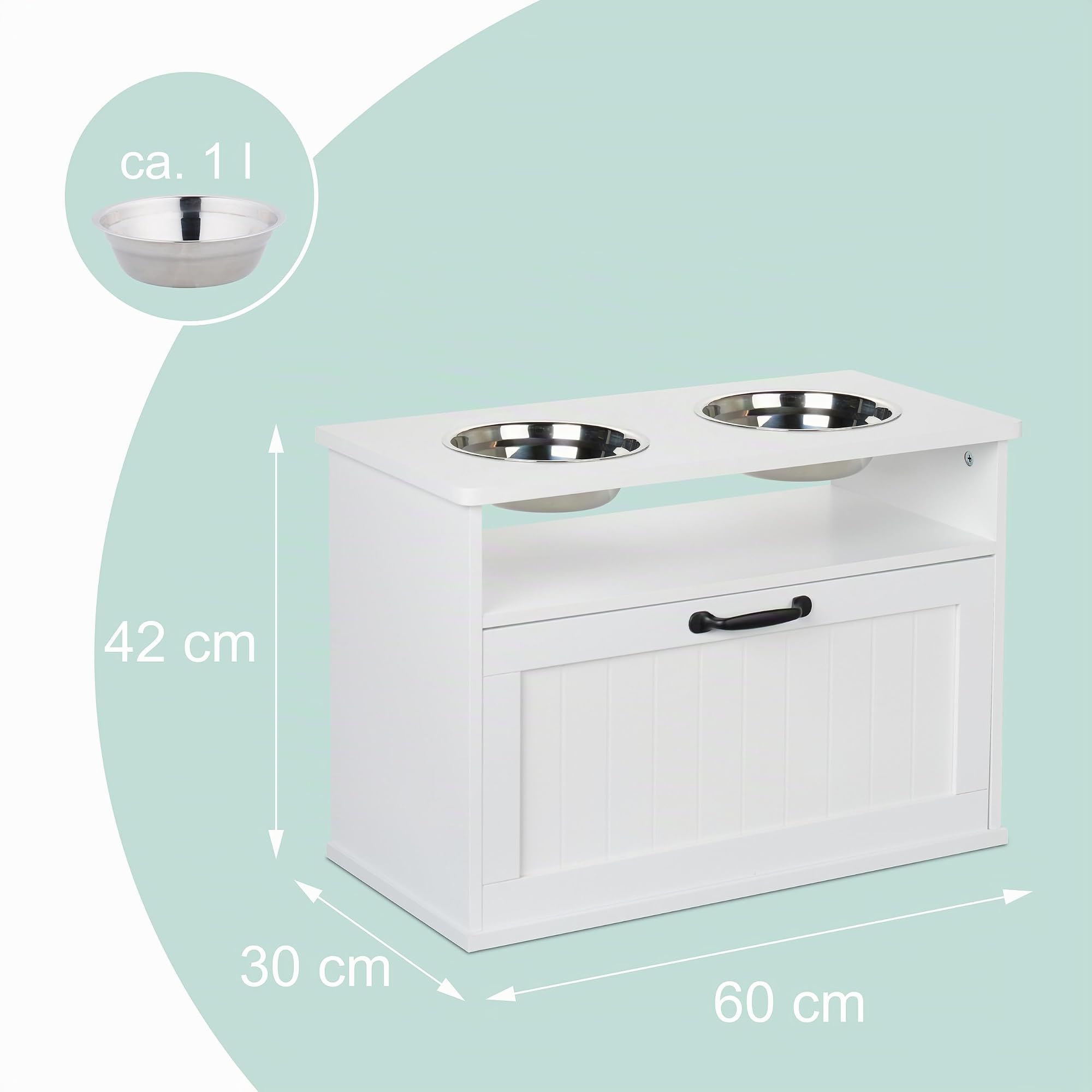 Relaxdays Ciotole Rialzate per Cani con Armadietto, Cassetto con 2 Scodelle in Acciaio, HxLxP: 42x60x30 cm, MDF, Bianco