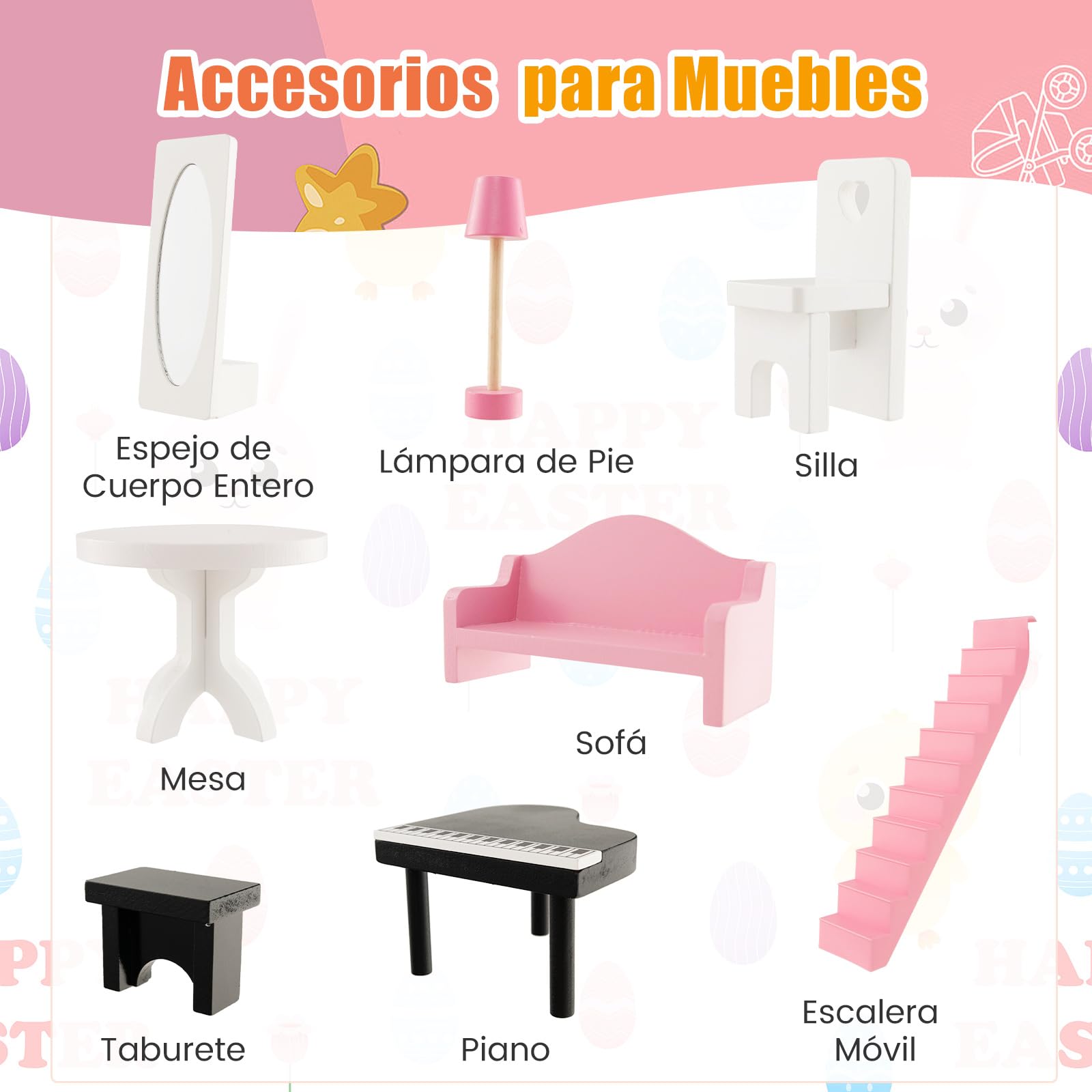 COSTWAY Casa de Muñecas de Madera para Niños, 81x30x86cm, Casita de Muñecas Semiabierta con Muebles y Habitaciones, Juego de Casa de Muñecas de Ensueño para Niños de 3+ Años