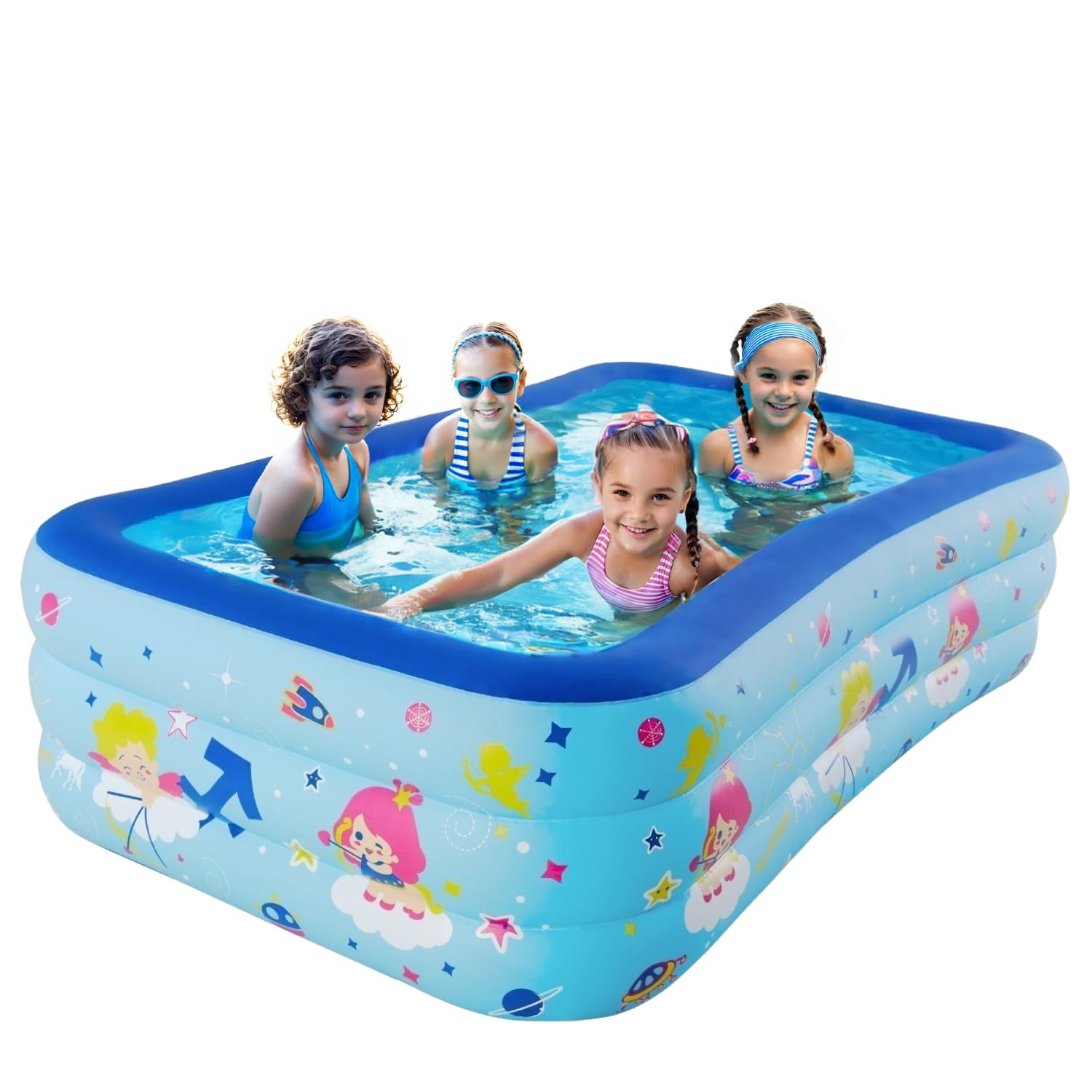 JUST FOR PARTY Inflatable Kiddie Swimming Paddling Pools for Kids,Thickened Durable Above Ground Blow Up Family Pool with Bottom Bubble Layer for Outdoor Garden Backyard Water Party (203cmX121cmX51cm)
