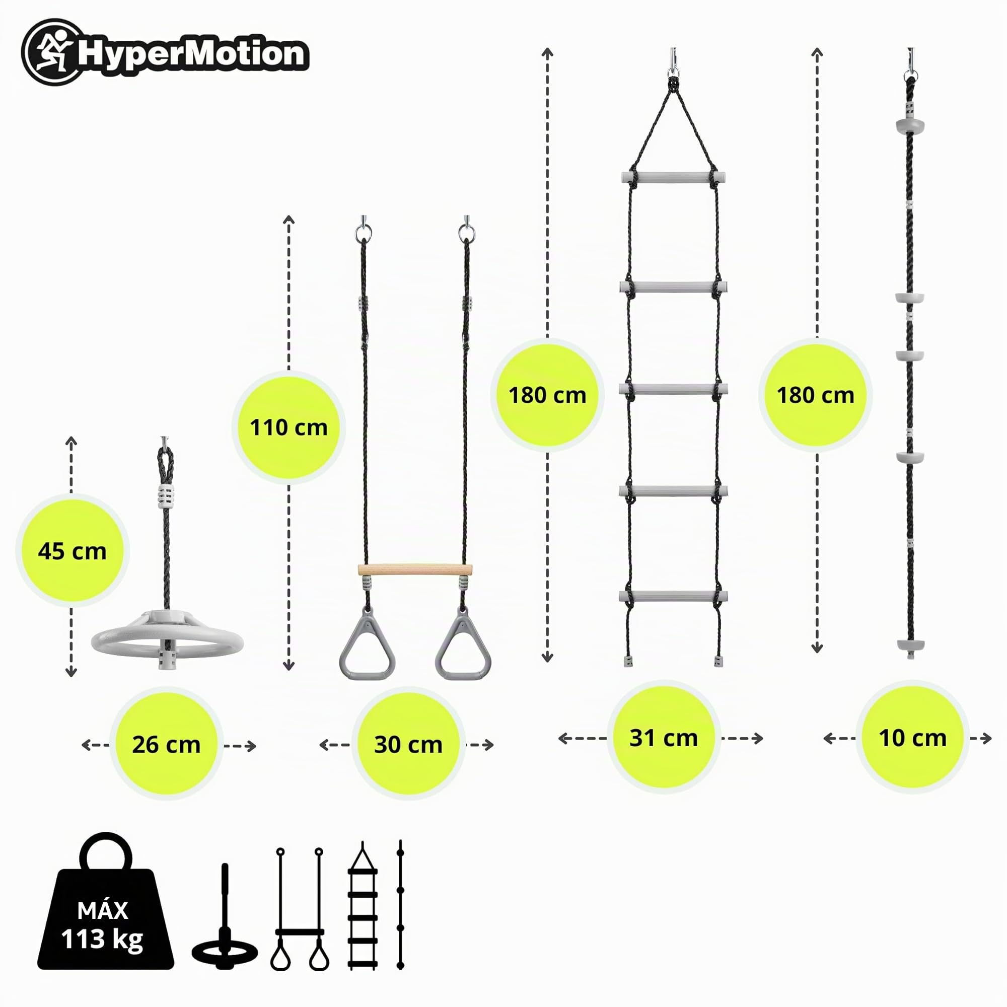 HyperMotion Set de Obstáculos para Niños Ninja con 9 herramientas - Kit Slackline con ruedas, varillas y escalera para entrenamiento - Resistente hasta 113 kg - Equipo de jardín para la familia