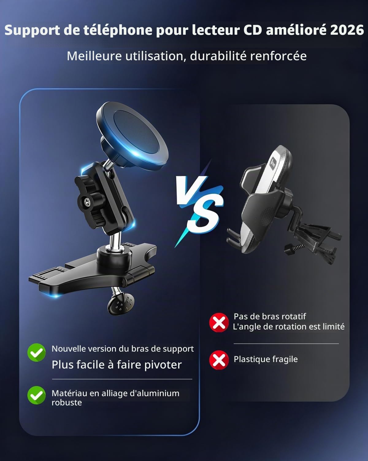 Support Magnétique Téléphone Voiture Lecteur CD avec Bras Métallique