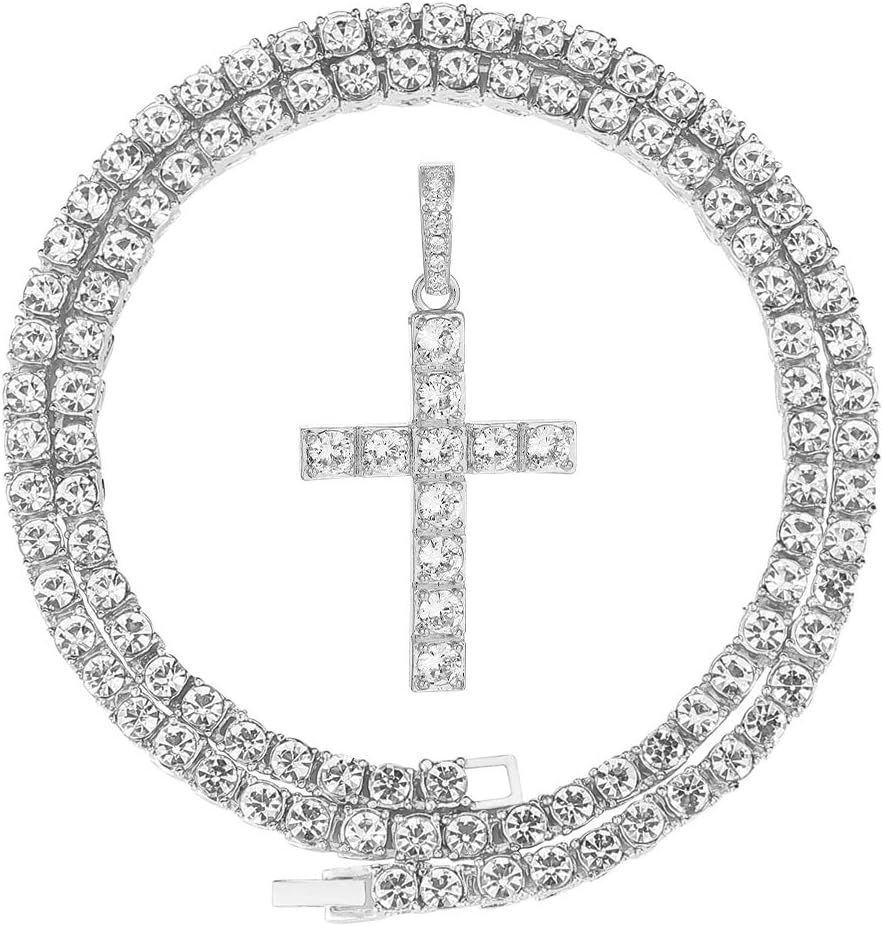 HH Bling Empire Iced Out Diamond Cross Pendant Necklace - Gold/Silver Hip Hop Chains for Men Women, 24 Inch Rope/Tennis/Cuban