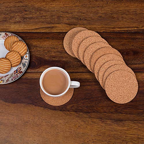 Image of Kavi Plain Round Cork Coasters Set of 10, 5mm Thick, 4 in Dia, Water Absorbent, Heat Resistant, Natural Brown