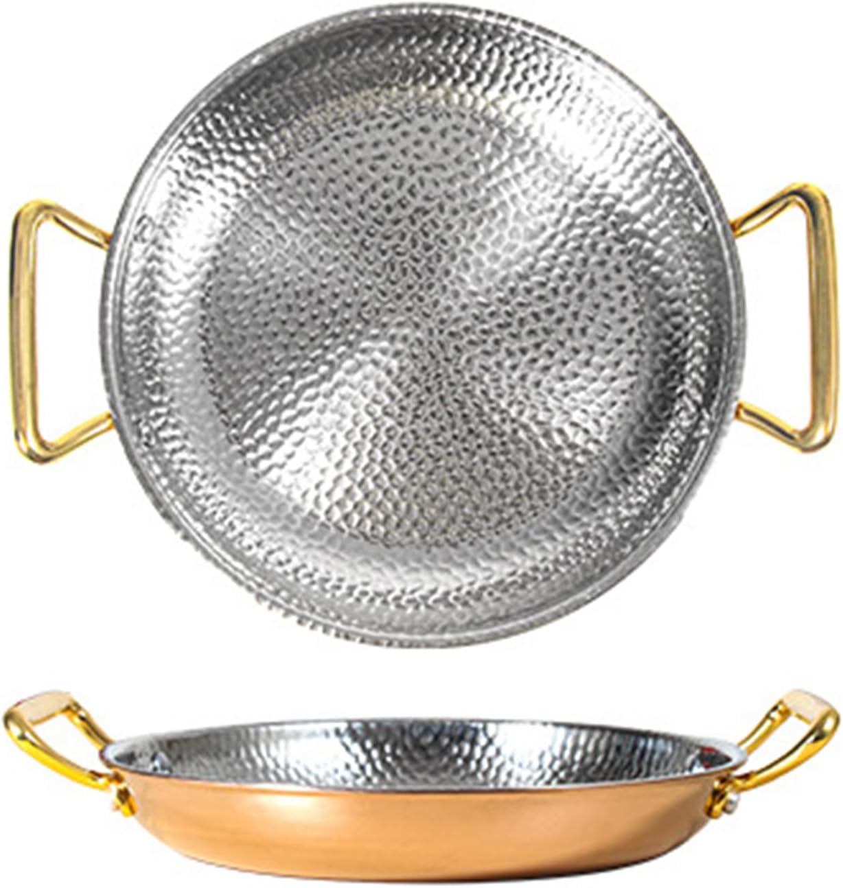 SVRITE Stainless Steel Hammered Paella Pan Uncoated Nonstick Fry Pan with Ergonomic Metallic Handles Seafood Plate for Camping and Gathering, Oven and Induction Safe, 10 Sizes (16cm,Silver)