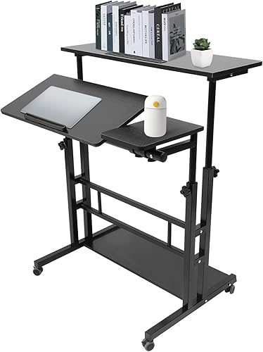 Miniatura 8 de Escritorio móvil de pie con ruedas, escritorio portátil de altura ajustable con ruedas, oficina en casa de pie y asiento, 2 modos Escritorio de pie