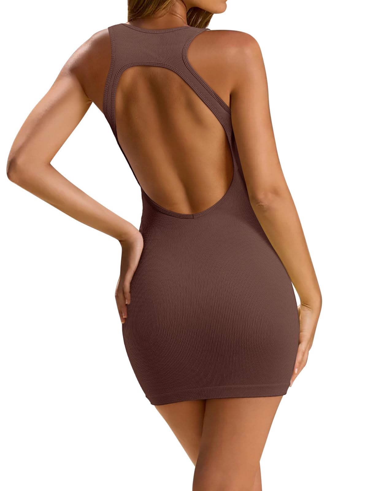 LASLULU Womens Bodycon Mini Dress Backless Built in Bra Casual Cute Sundresses Ribbed Summer Tank Dress
