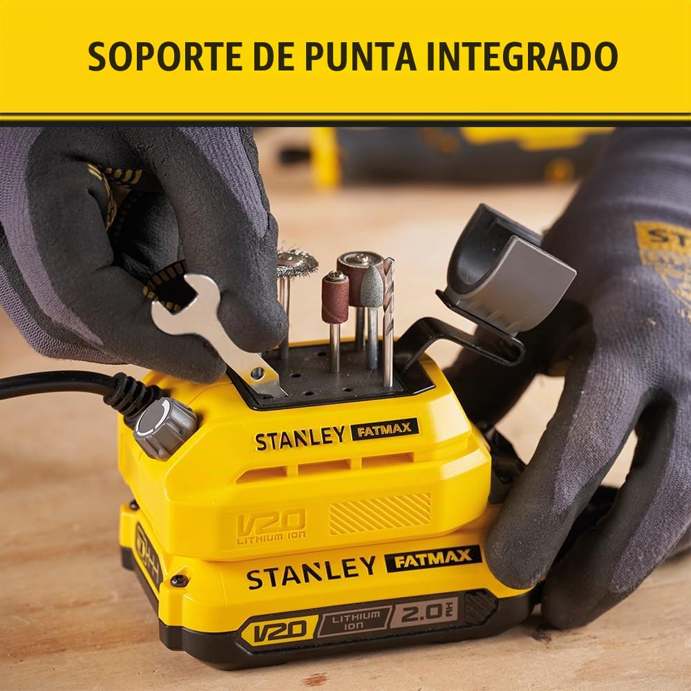 Stanley Mini-herramienta V20 Li-ION 18V, velocidad Variable 6.700-34.000 RPM, pinza universal de 3.2 mm, longitud cable 120 cm. Sin batería/cargador para profesionales y manitas