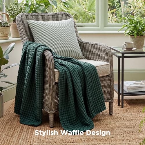 Image of Bedsure Cooling Cotton Waffle Weave Throw Blanket - Lightweight Breathable Blanket of Rayon Derived from Bamboo for Hot Sleepers, Luxury Throws for Bed, Couch and Sofa, Dark Green, 50x70 Inches