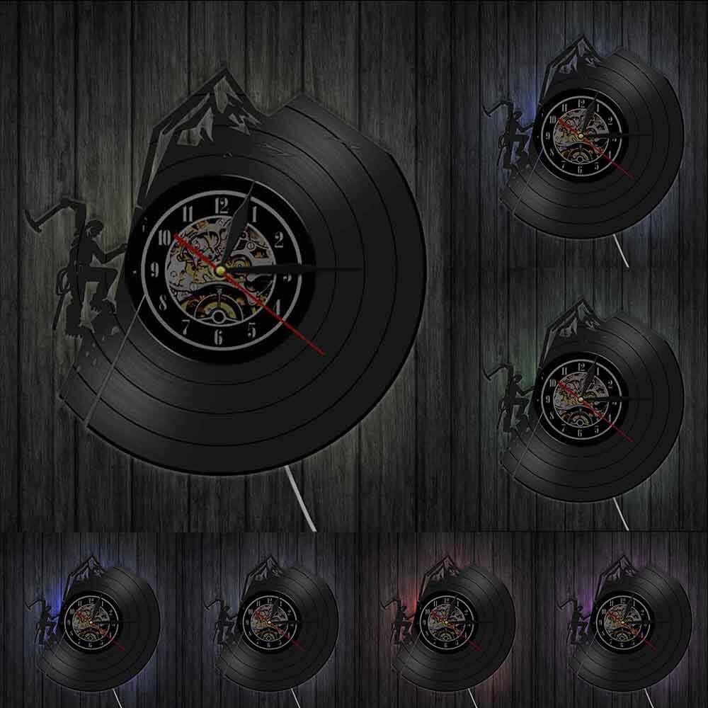 ELD Moderne Klettersport Vinyl Schallplatte Wanduhr Adventure Club LED Hintergrundbeleuchtung Wandkunst Bergsteigen Wanderdekor Wandleuchte Kunst Wanduhren Uhren