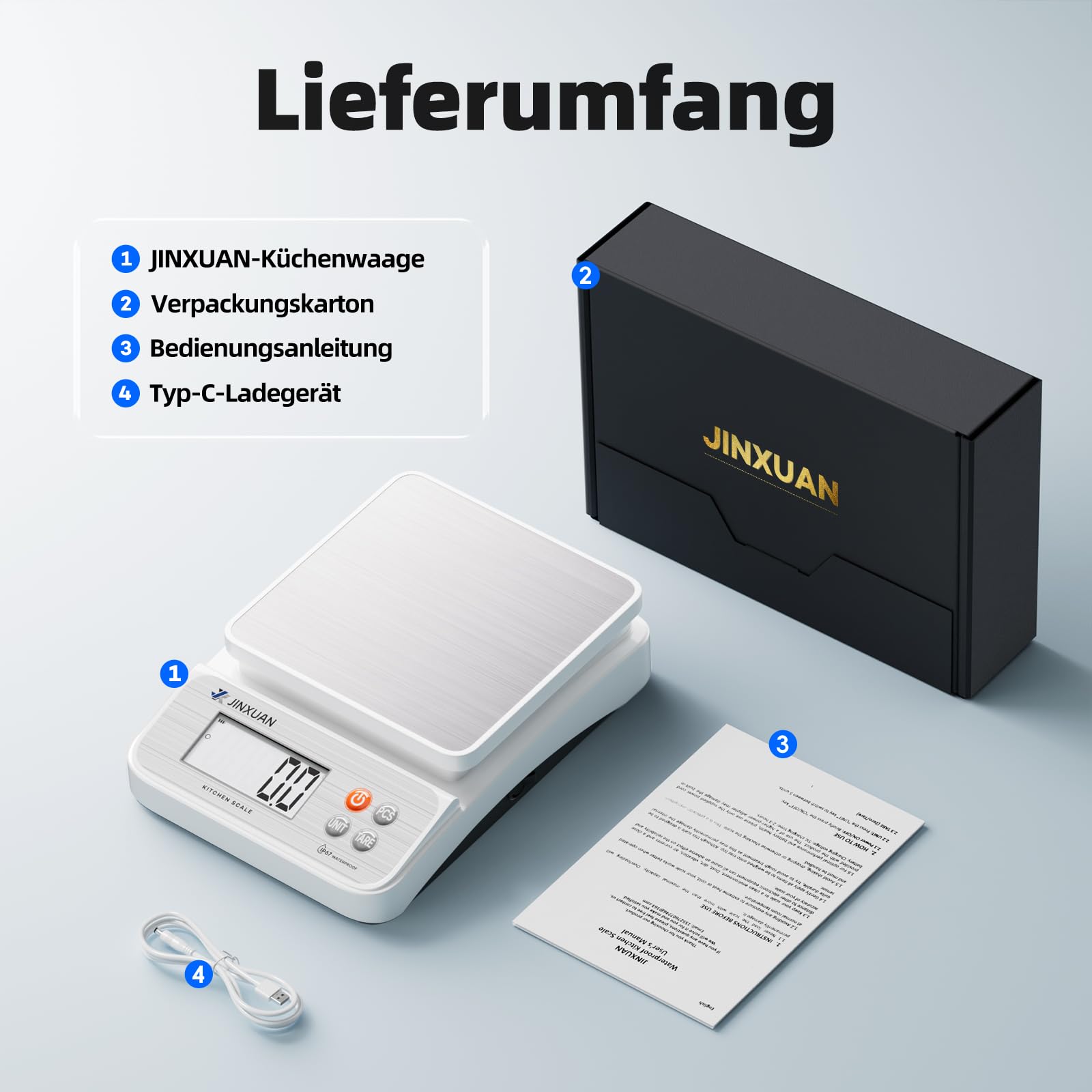 Digitale Küchenwaage 5 kg/0,1 g Lebensmittelwaage zum Kochen, Backen, Abnehmen, Wiederaufladbare Kaffee-Waage Backwaage mit USB-Kabel