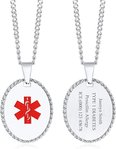 MEALGUET Collar personalizado de alerta médica Collar con colgante de identificación médica de emergencia de acero inoxidable para hombres, mujeres