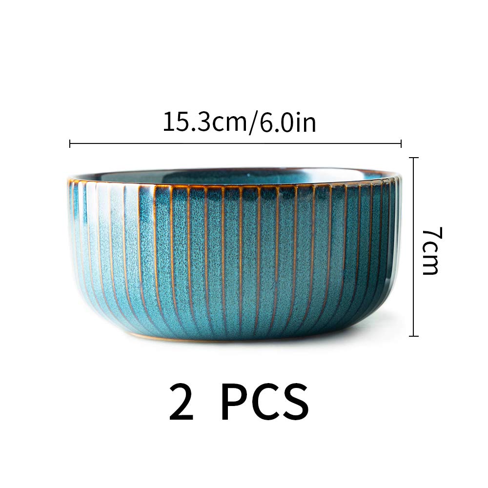 Müslischalen Groß aus Porzellan, 1000ml Bowl Schüssel 2er Set Suppenschüsseln Keramik Schalen Ramen Schüssel Retro Geschirr Blau Serie(15.5CM) (Packung mit 2)