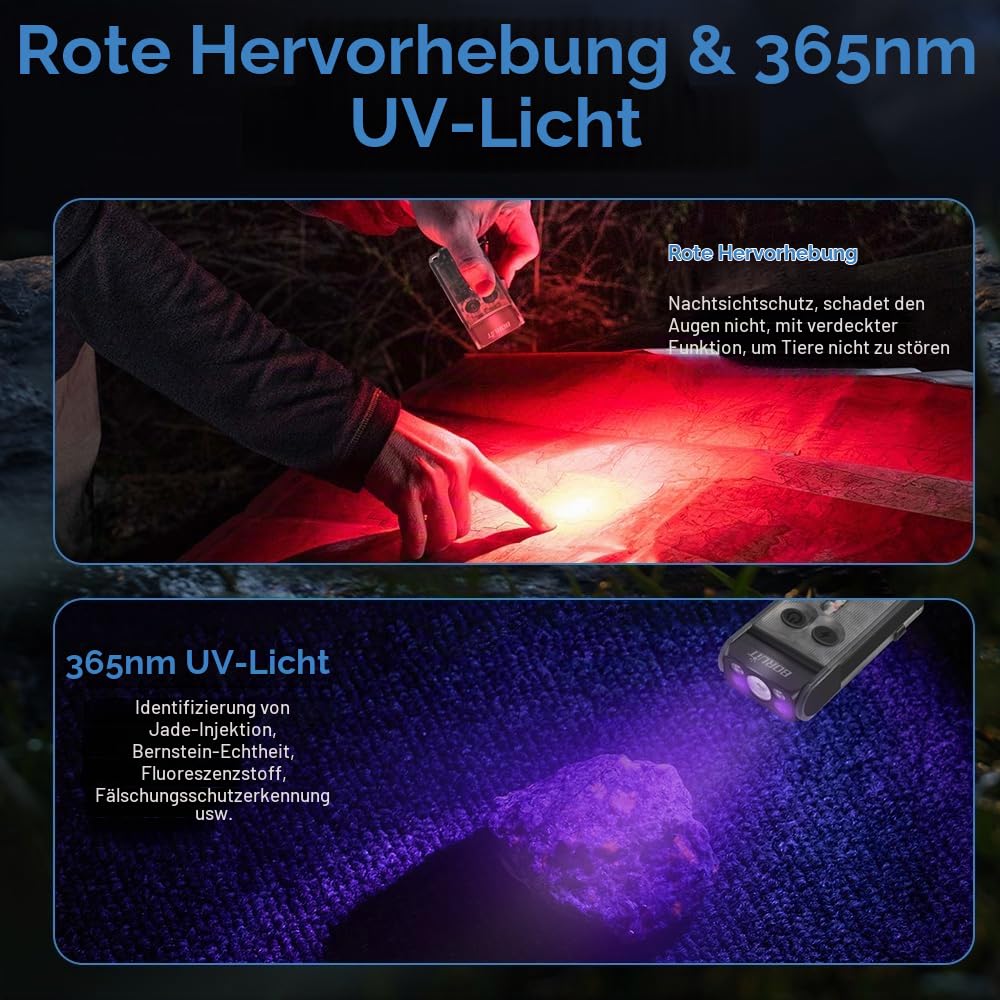 BORUIT V30 Taschenlampe LED Aufladbar mit UV und Rotlicht, Mini Taschenlampen 180° Drehbar, Klein Flashlight 120 dB-Summer 12 Modi, 900 Lumen IP65 Wasserdicht A/C-C Torch (Schwarz)