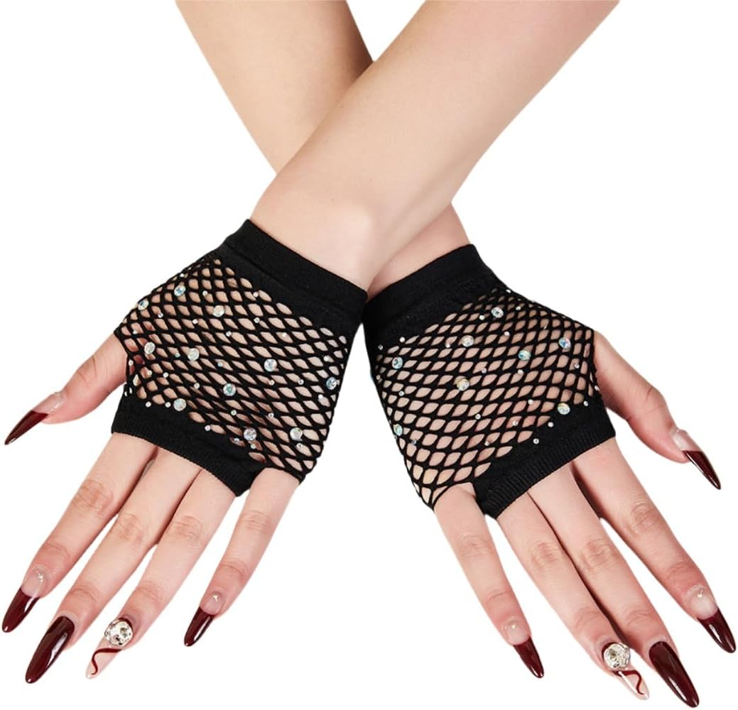 Rhinestones Fishnet Gloves, 1 Pair Mesh Fingerless Fish Net Sparkly Glitter Gloves, Stretchy Short Neon Mitten for 80s Party Cosplay, Arm Sleeves Bridal Glove for Wedding Halloween Nightclub Fancy