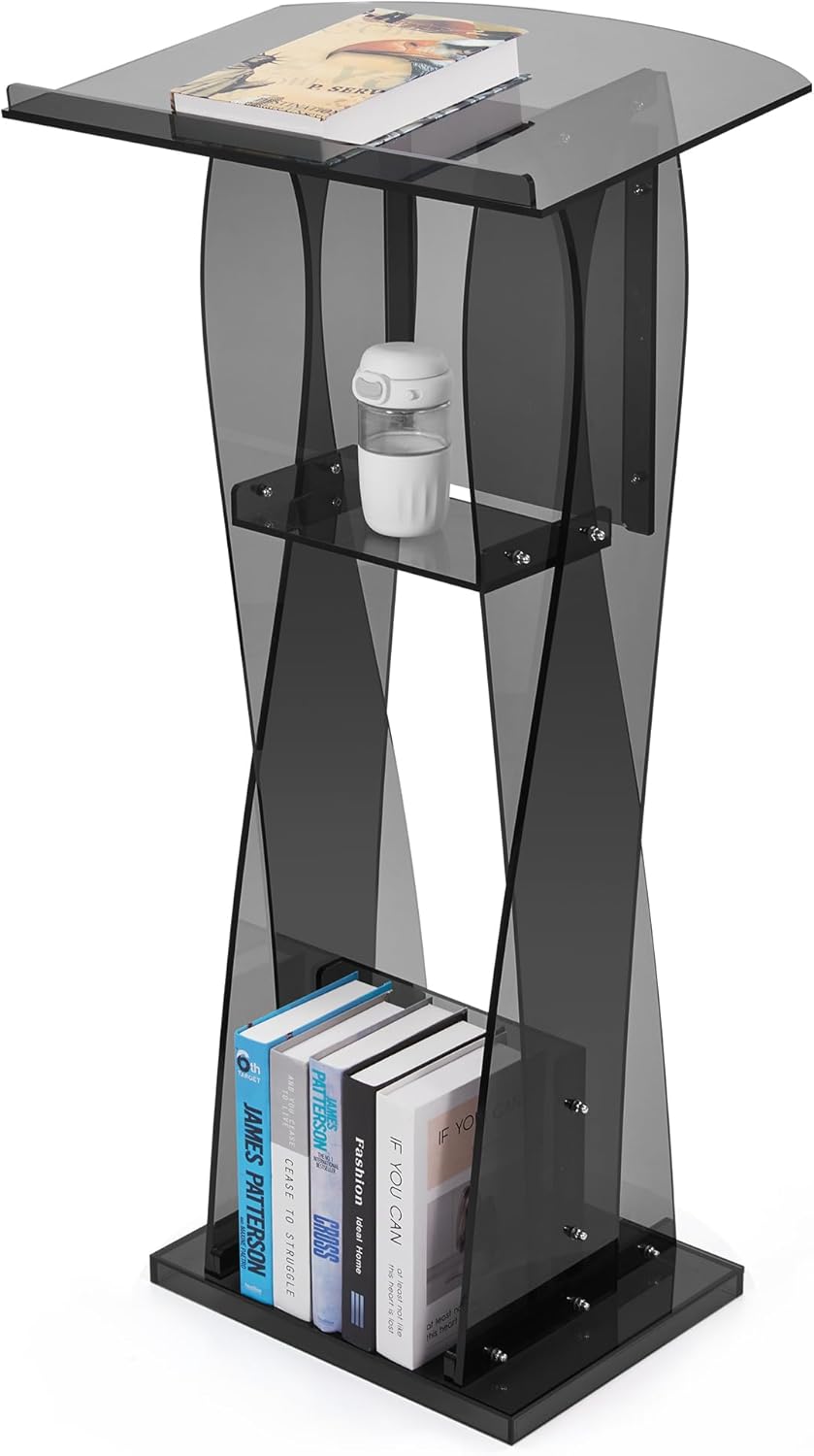 Soporte de podio acrílico mejorado, púlpitos para iglesias, atriles y podios modernos de 47.5 pulgadas con estante de almacenamiento para aula,