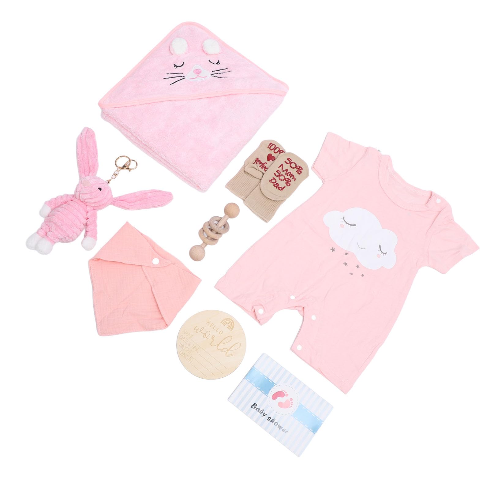 Jiawu Juego de Cestas de Regalo para Recién Nacidos, Incluye Ropa para Muñecas, Baberos, Calcetines, Sonajero, Juguete de Madera y Tarjeta de Felicitación, Toalla Suave (PINK)