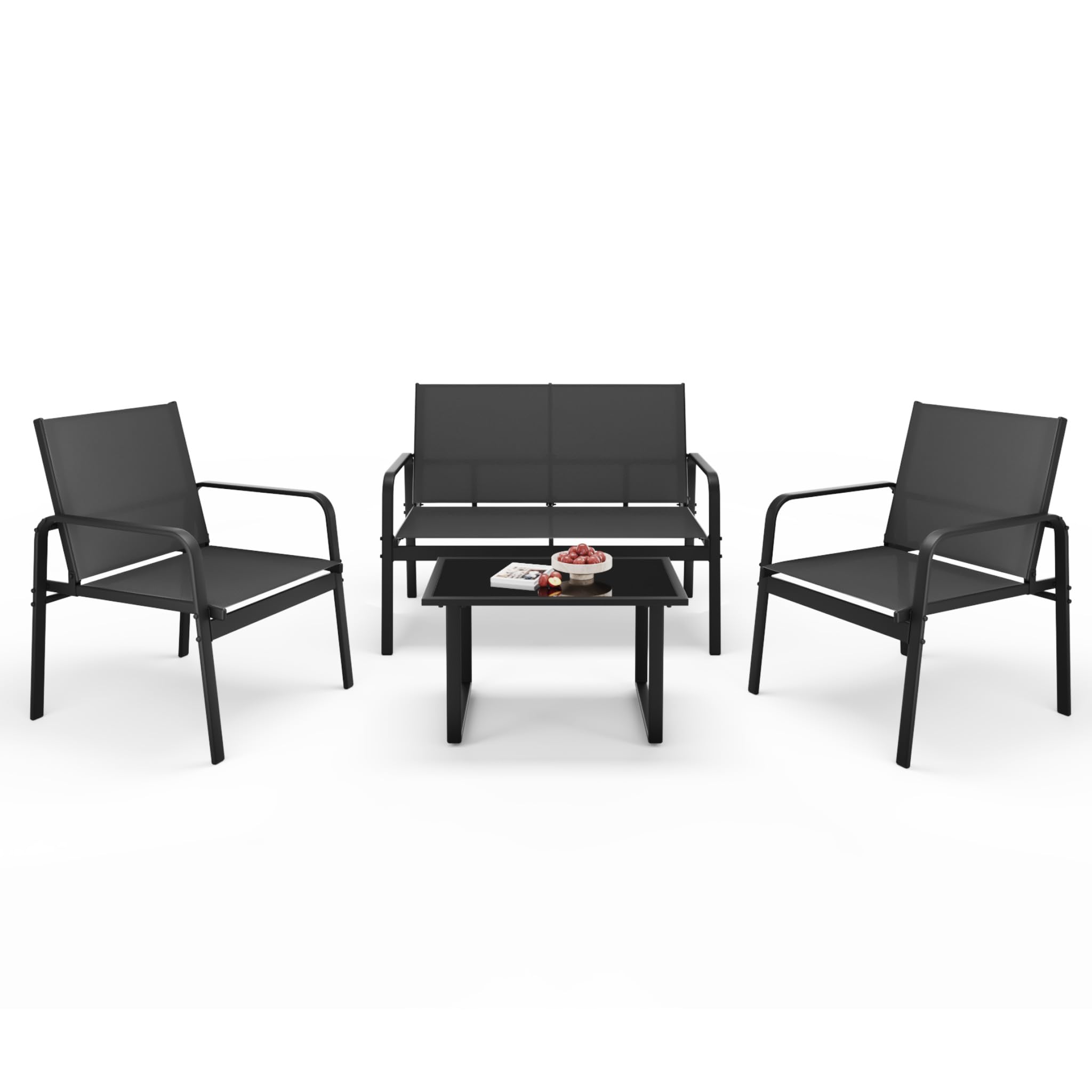 Mondeer Garden Furniture Set 4 Pieces, Garden Table and Chairs with Armrests, Patio Furniture Set with Breathable Synthetic Fabric, for Balcony Terrace Backyard Poolside (Black)