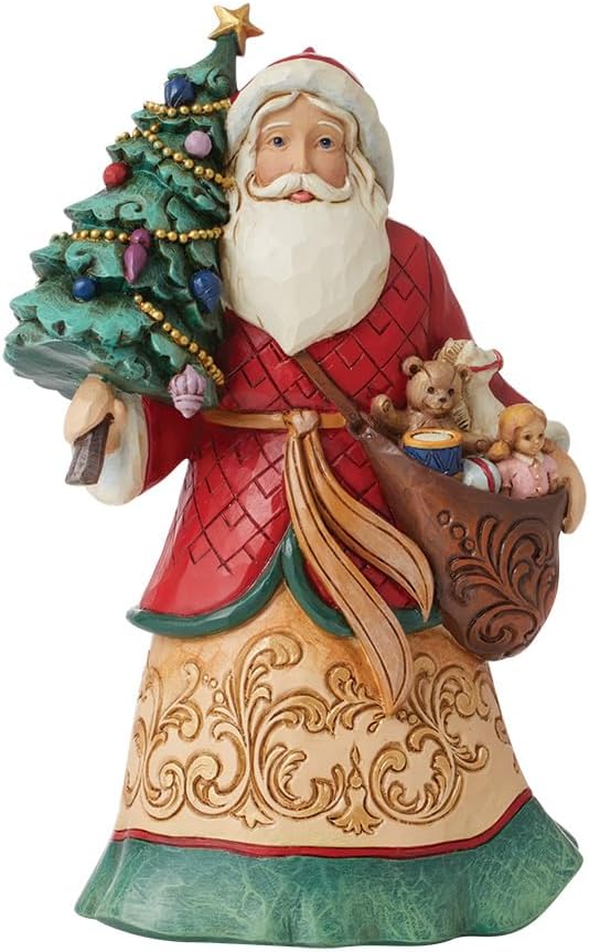 Enesco Jim Shore Heartwood Creek Santa Holding a Christmas Tree and Toybag Figurine, 8.07 Inch, Multicolor