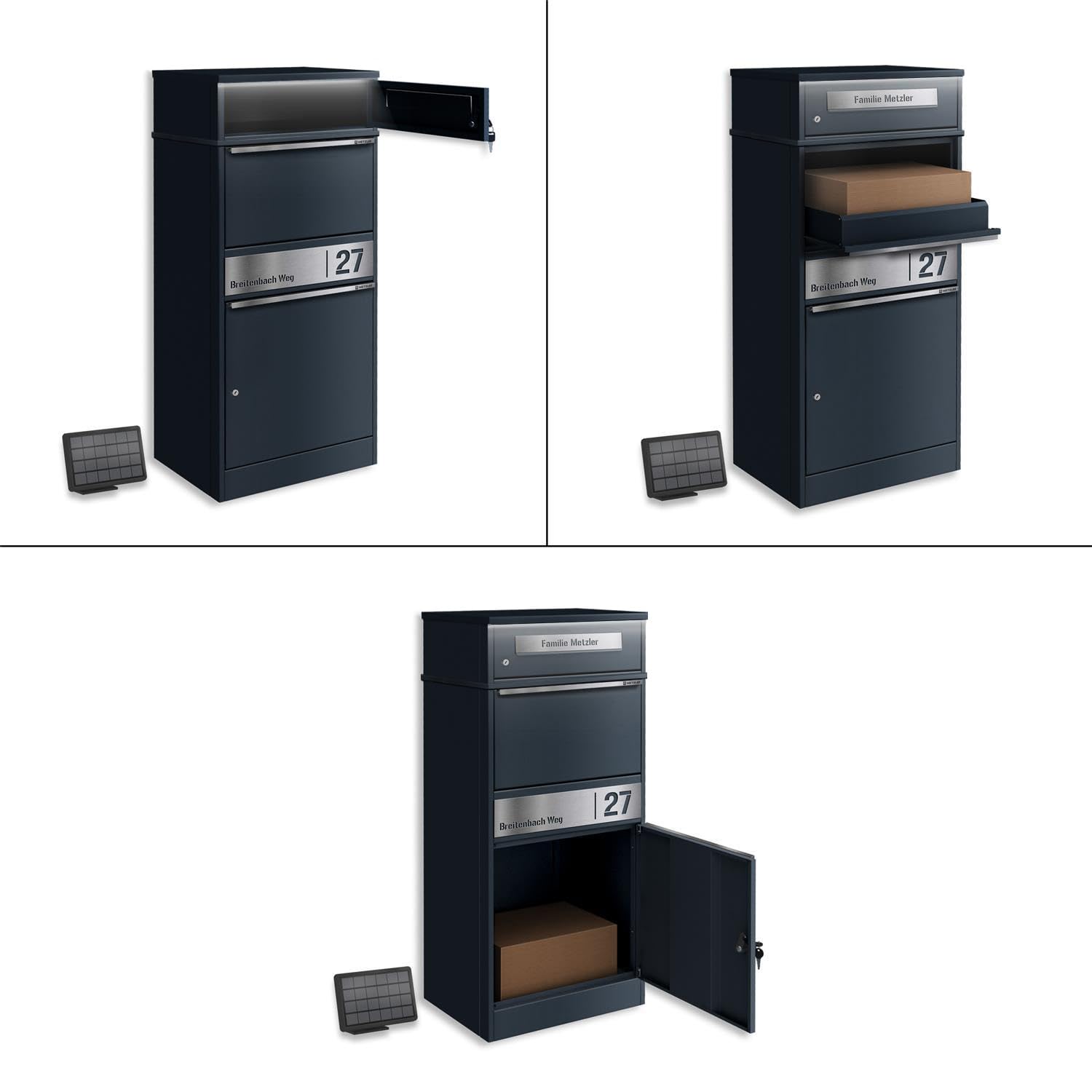 Metzler® boîte aux Lettres Colis avec éclairage LED Solaire et Plaque nom gravée RAL 7016 Anthracite – Acier thermolaqué sur Pied, capacité XL sécurisée et résistante intemperies Bispo 2