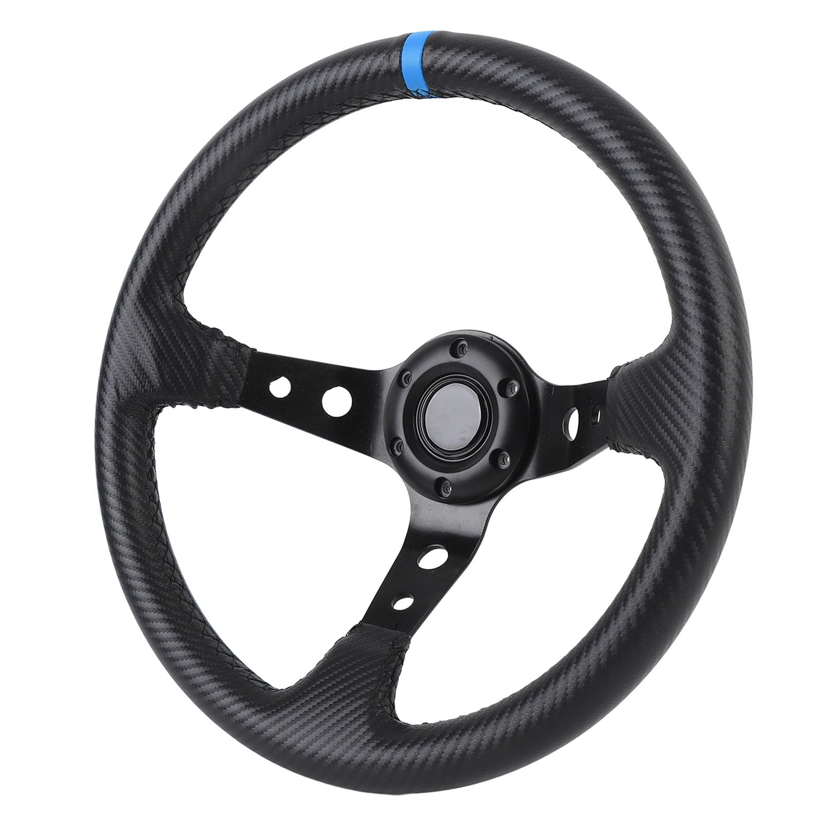 Volant de Course Automobile 14 Pouces, Volant Sport Aspect Fiber de Carbone avec Cadre en Aluminium, Vis de Montage et clé (BLUE)