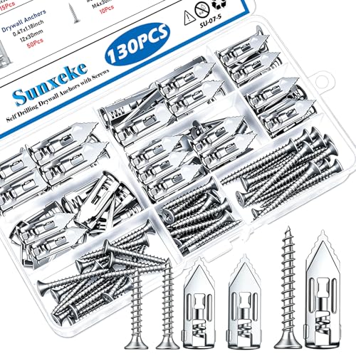 Image of 130 PCS Self Drilling Drywall Anchors with Screws Kit-2 Sizes Sheetrock Anchors & 3 Sizes Zinc Expansion Screws,Upgraded Zinc Plated Steel,No Drill Needed,Holds Up to 66LB on Walls(Sliver)